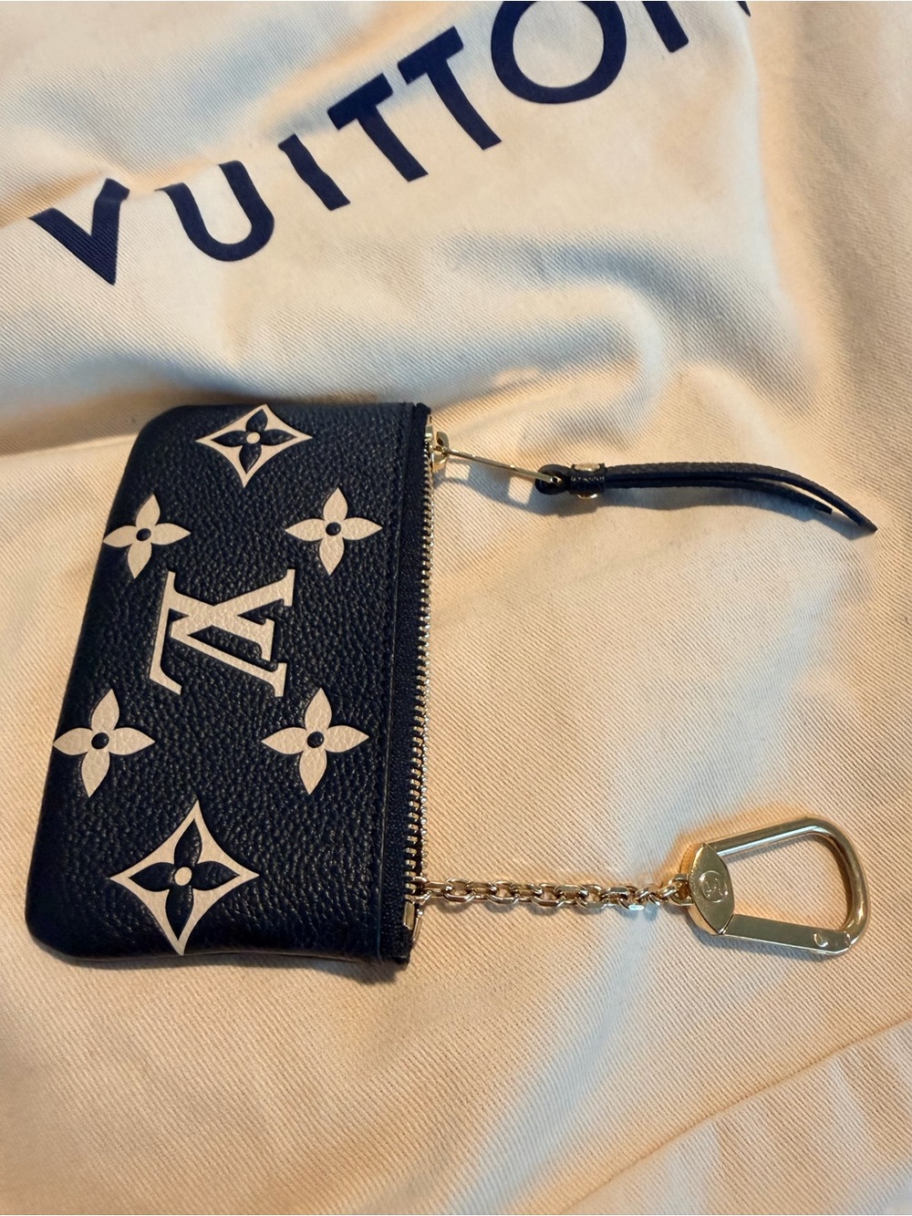 Louis Vuitton Navy and White Monogram Zip Key Pouch with Gold Chain